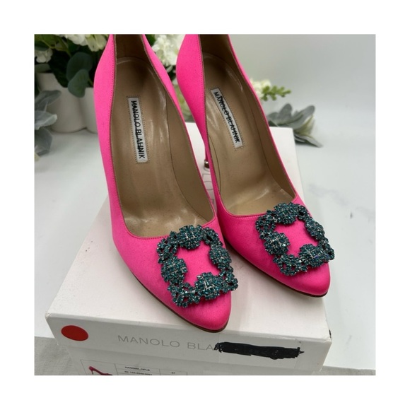 Women's Manolo Blahnik pink 105 mm satin heels size 37 made in Italy - Picture 5 of 6